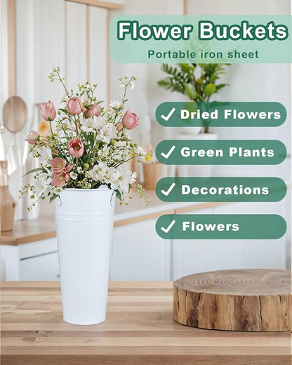 9 Inch Galvanized Metal Vases for Flowers - 6 Pcs Farmhouse Decorative Tall Flower Bucket with Handles, Rustic French Tin Planter Buckets for Wedding Decor (Pure White)