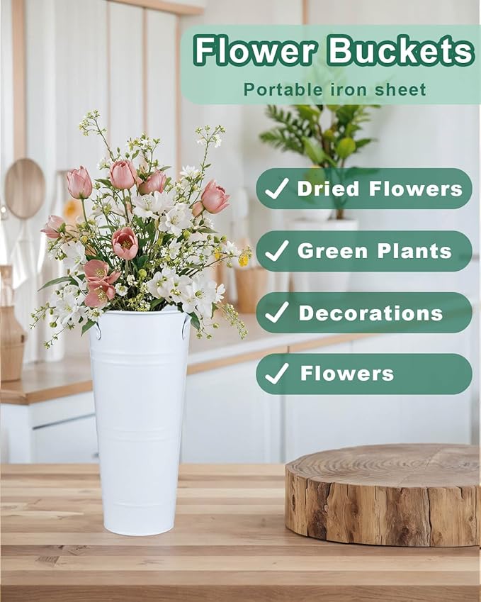 9 Inch Galvanized Metal Vases for Flowers - 2 Pcs Farmhouse Decorative Tall Flower Bucket with Handles, Rustic French Tin Planter Buckets for Wedding Decor (Pure White)