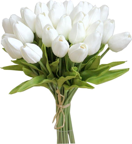 Mandy's Artificial Tulips 28 Stems White PU Faux Flowers for Thanksgiving and Christmas Decorations Wedding Home Decor 13.5 Inch