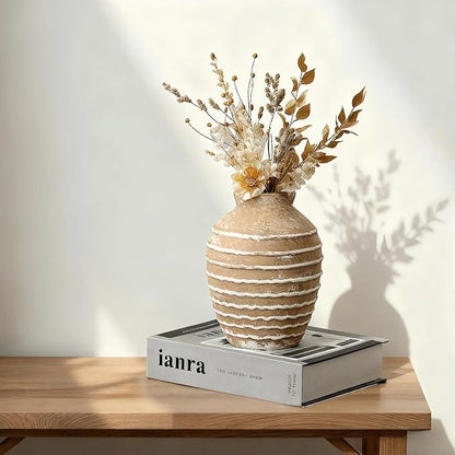 Ceramic Vase, 6.7 inch Ribbed Textured Minimalist Rustic Farmhouse Terracotta Vase for Home Decor, Table, Living Room, Entryway, Shelf, Mantel Decoration (Rust)