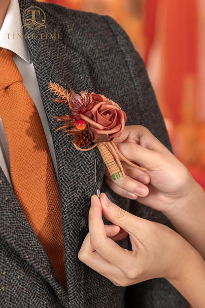 TINGE TIME Boutonniere for Men, Groom and Best Man Boutonniere for Wedding Ceremony Anniversary, Formal Dinner Party and Rustic Fall Wedding Marriage (Maple Red)