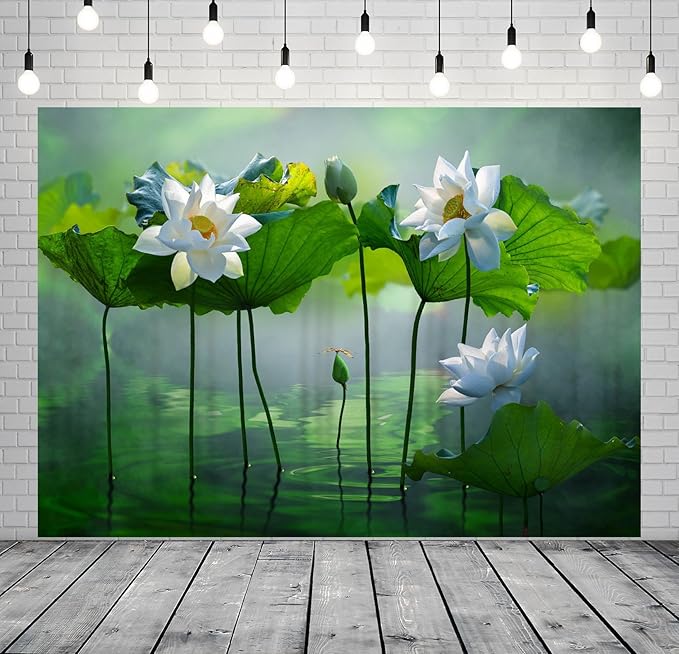 BELECO 9x6ft Fabric Lotus Flower Backdrop Lotus Garden Blooming White Lotus Flowers Pond Background Wall Decor Photo Booth Shoot Studio Props Wallpaper