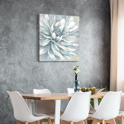 Large Floral Canvas Wall Art: Abstract Living Room Gallery Artwork Modern Elegant White Flower Painting Contemporary Silver Blue Peony Prints Gray Nature Botanical Picture