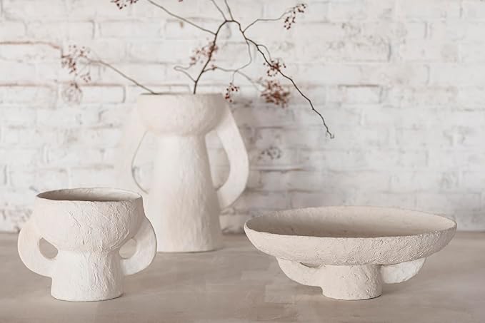 Serax Decorative Vase with Handles | Earth interior accessories by Marie Michielssen | White Paper Mache Home Decor Living Room on Coffee Table | Kitchen Decorations | Entryway Table Decor Shelf Pot S