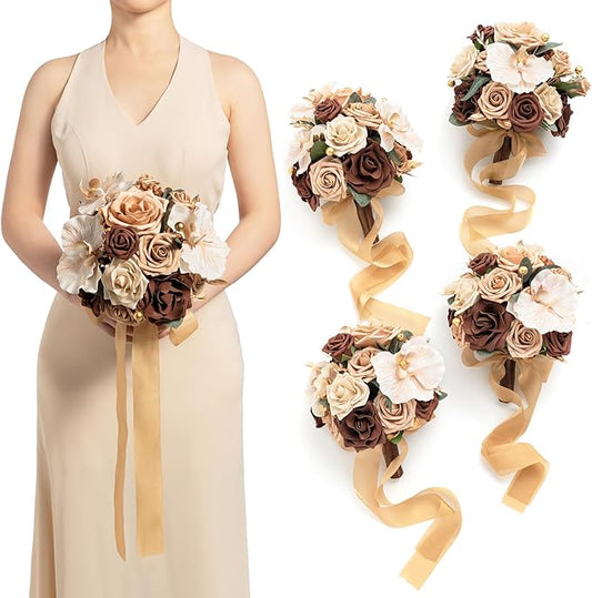 Ling's moment Bridesmaid Bouquet Set of 4, Brown & Beige Wedding Bouquets for Bridesmaids, 7 Inch Nut Brown Bridal Bouquets for Bridesmaids, Wedding, Ceremony, Anniversary, etc.