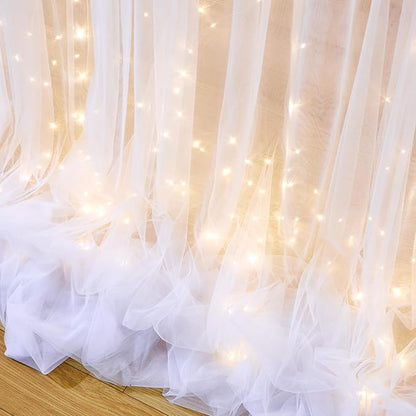 White Tulle Backdrop Curtain with Lights String for Parties Wedding Bridal Shower Sheer White Curtain Backdrop for Birthday Baby Shower Photo Booth Photography Background Decorations 10ft x 8ft