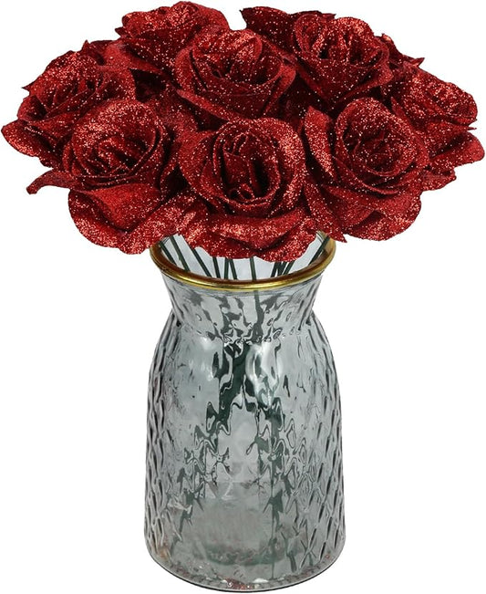 Glitter Roses,30PCS Fake Red Roses Glitter Flowers Bouquet Artificial Roses with Stems for DIY Crafts Wedding Bouquet Party Home Decor(Red)