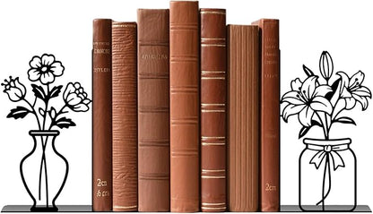 Metal Flower Book Ends Flower Vase Bookends Decorative Book Ends for Shelves Bookshelf Home Office Desk Bookshelf Decor Gift for Reading Enthusiasts