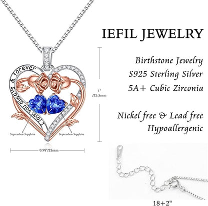 Iefil Rose Heart Double Birthstone Necklace Gifts for Wife Her Mom Women, Birthstone Jewelry Gemstone Birthday Gifts for Girlfriend Grandma Her Wife Women
