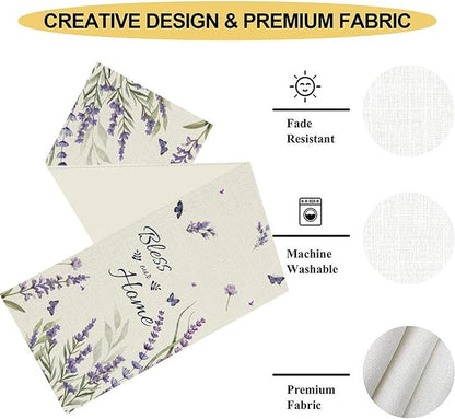 Purple Floral Table Runner, Spring Summer Watercolor Lavender Flower Country Farmhouse Coffee Coffee Table Center Decor for Home Kitchen Dining Patio Holiday Party Table Decorations 13x72 inches