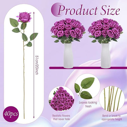 Hotop 40 Pcs Rose Artificial Flowers Bulk with Long Stem,Realistic Silk Fake Roses Bouquet for Home Wedding Centerpieces Party Table Decoration Valentines Gifts(Purple)