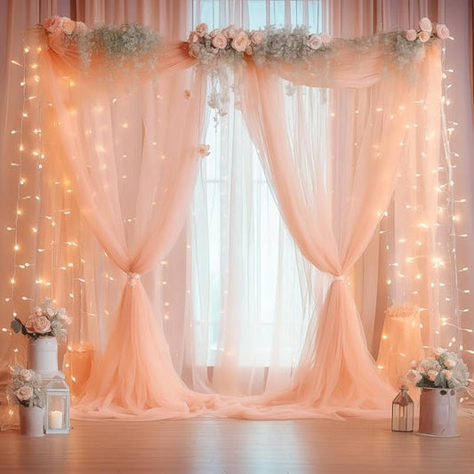 30ft x 10ft Peach Backdrop Curtain with Lights String for Parties, Sheer Tulle Wedding Photo Backdrops Drapes for Baby Shower Birthday Party Decorations Background for Photography