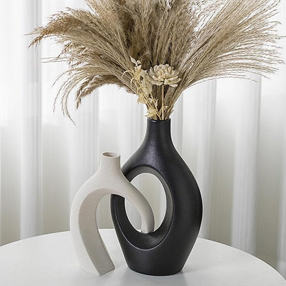XL Black and Beige Snuggle Hollow Ceramic Vase of 2 for Coffee Table Decor, Modern Minimalist Aesthetic Donut Floral Vases, for Home Living Room Entryway Table Shelves Decorative (W 6.8" X H 11")