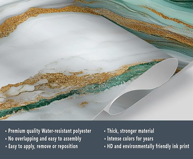 Green Gold Marble Wall Mural, Elegant Marble 3D Wall Murals, Luxury Stone Texture Wallpaper Mural, for Living Room Bedroom Large Wallpaper Indoor Decor 98.4" W x68.9 H