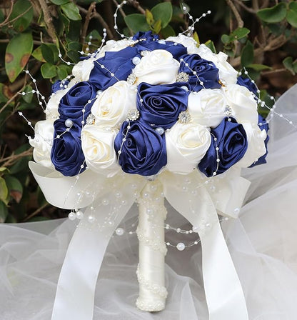 Bridal Wedding Bouquet Round Bling Brooch Bouquet Throw Toss Artificial Rose Flower Bunch for Bride Bridesmaid Wedding Quinceanera(Navy Blue & Ivory, 7.5")