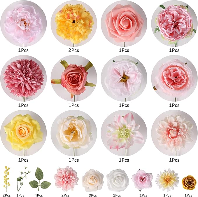 Artificial Flowers Combo, Mix Silk Flowers Roses, Peonies, Dahlias with Stems for DIY Wedding Bridal Bouquet, Baby Shower, Table Centerpieces, Home Decor, Floral Arrangements-Pink Yellow