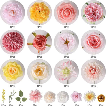 Artificial Flowers Combo, Mix Silk Flowers Roses, Peonies, Dahlias with Stems for DIY Wedding Bridal Bouquet, Baby Shower, Table Centerpieces, Home Decor, Floral Arrangements-Pink Yellow