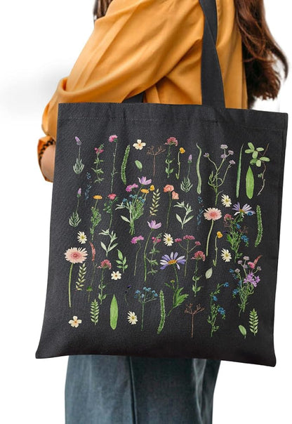 AUSVKAI Cute Canvas Tote Bag Aesthetic For Women College Grocery Bag Cotton Cloth Beach Totes Gift-Black Flowers