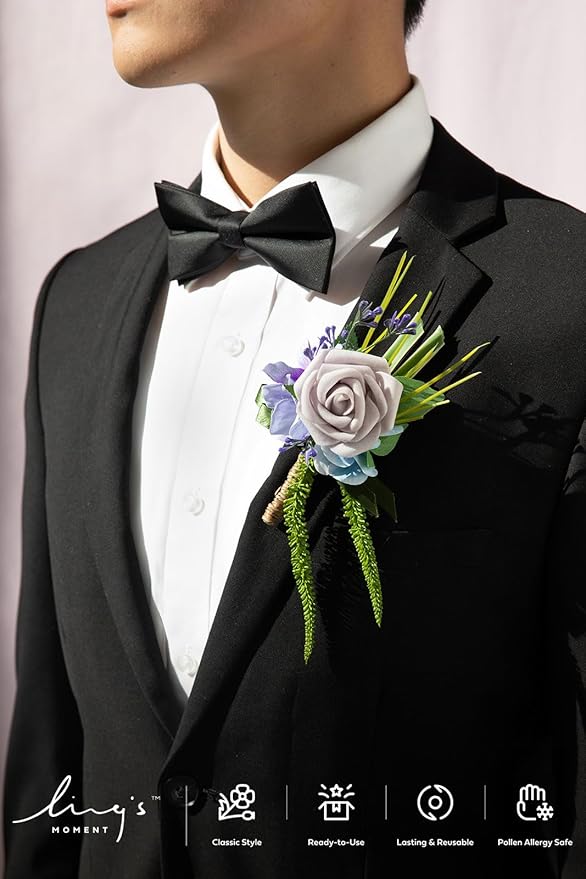 Ling's moment Boutonniere for Men, 6pcs Groom Groomsmen Boutonniere, Artificial Flowers for Wedding Decor/Prom/Homecoming, etc.Purple