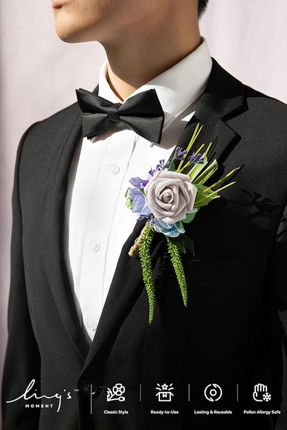 Ling's moment Boutonniere for Men, 6pcs Groom Groomsmen Boutonniere, Artificial Flowers for Wedding Decor/Prom/Homecoming, etc.Purple