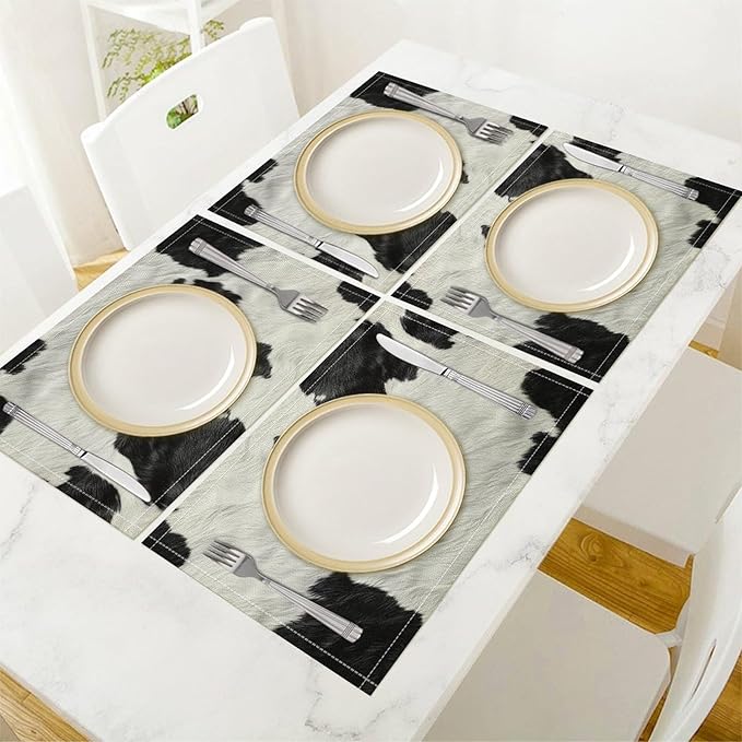 Cow Print Placemats Set of 4 Western Rustic Farmhouse Abstract Cowhide Print Art Printed Dining Table Mats for Restaurant Home Kitchen Holiday Decor 12x18in