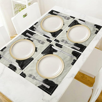 Cow Print Placemats Set of 4 Western Rustic Farmhouse Abstract Cowhide Print Art Printed Dining Table Mats for Restaurant Home Kitchen Holiday Decor 12x18in