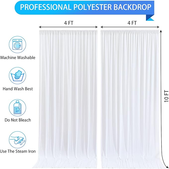 White Backdrop Curtains 2 Panels, 10 Feet Wrinkle-Free Polyester Photography Backdrop Drapes for Wedding Baby Shower Party Background Backdrop Stand- 8FTX10FT (White)