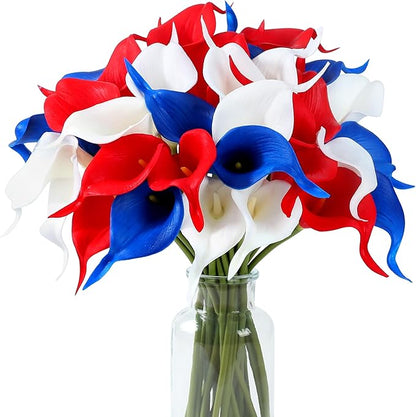 SITUMEIZI 24 PCS 4th of July Flowers Artificial Calla Lily Fake Silk Patriotic Flowers Real Touch for Independence Day Home Kitchen Decor Table Centerpiece Decoration(Mix,3)