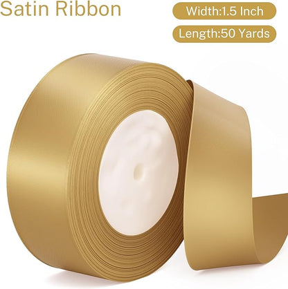 Gold Ribbon 1-1/2 inch Champagne Gold Satin Fabric Ribbon 50 Yards for Crafts Wrapping Flower Bouquet Wedding Party Decoration