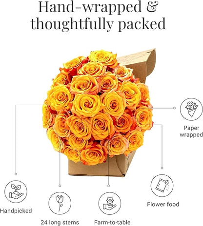 BloomsyBox - Yellow/Orange Roses -24 Long Stems, Hand-Tied in Eco-friendly, Vase Not Included, Fresh Flowers for Delivery – Gift for Birthday, Anniversary, Get Well, Congratulations, Wedding