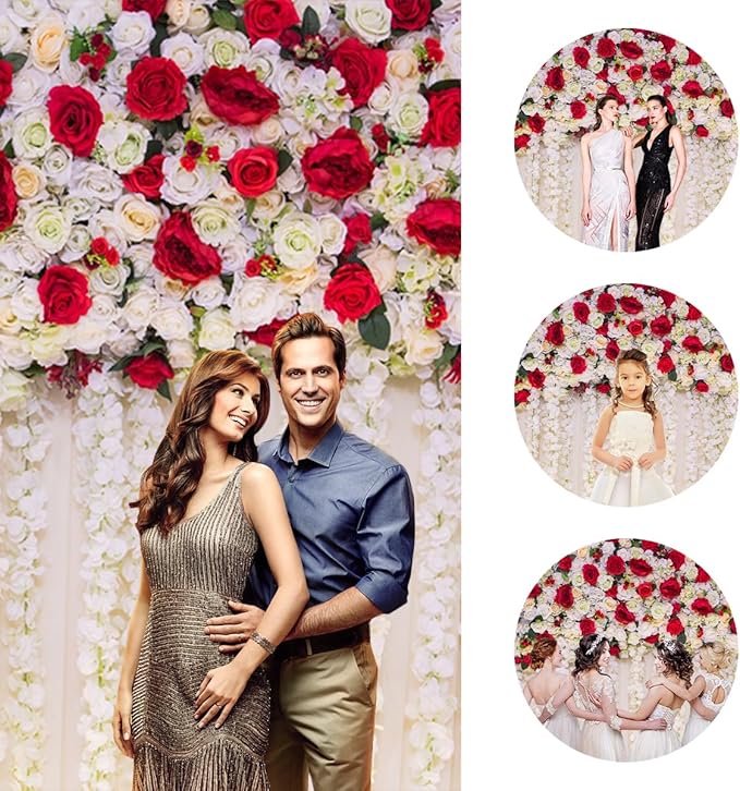 5x3ft White Red Flowers Wall Backdrops Wedding Floral Background Spring Blooming Roses Photography Banner for Bridal Shower Mothers Day Birthday Womens Day Valentines Day Baby Shower Decor