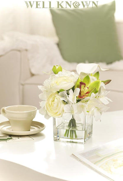 WELL KNOWN Fake Flowers in Vase, Mixed Artificial Flower with Fake Water in Glass Vase Realistic Hydrangea Calla Lily Ranunculus Silk Faux Floral Centerpiece for Coffee Dining Table Office Decor White
