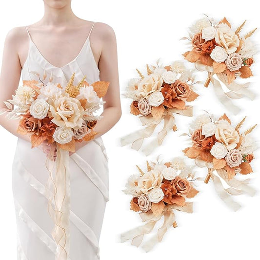 TINGE TIME 7inch Wedding Bouquets for Bridesmaid, Artificial Flowers Cascading Bridal Bouquet for Wedding (Burnt Orange & Champagne, Set of 4)