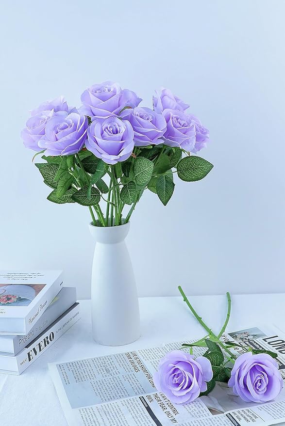 30pcs Lavender Roses Artificial Flowers Lliac Roses Purple Roses Fake Roses Flowers with Long Stems Silk Flowers for Wedding Bouquet Centerpices Decorations Party Bridal Baby Shower
