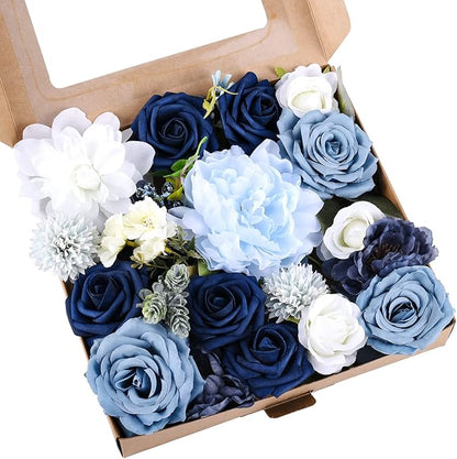 Jspupifip Dusty Blue Artificial Flowers Combo Box Set,Fake Silk Flowers Arrangement Bouquets with Stem Leaf for DIY Wedding Flower Centerpiece Wedding Centerpieces, Blue and White