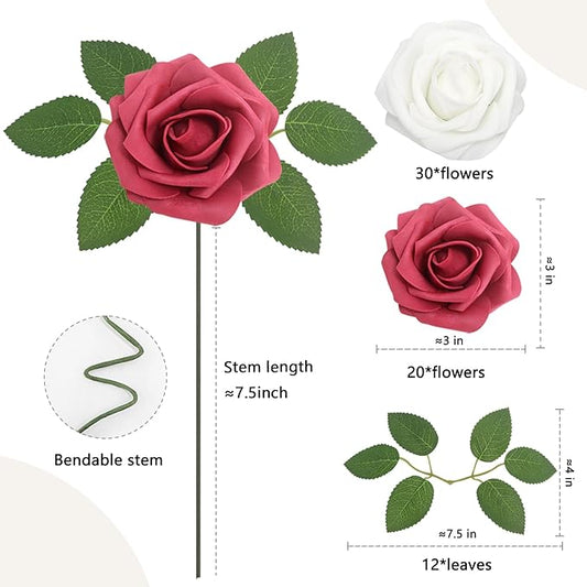 50PCS Artificial Flowers Burgundy and White Roses Real Looking Foam Fake Roses with Leaves for DIY Wedding Bouquets Bridal Shower Party Decorations (Wine red & White, 50)