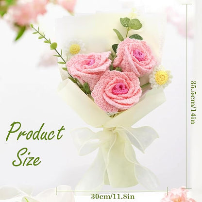 Crochet Flowers,Finished Bouquet Crocheted Cotton Thread Flowers, Handmade Crochet Rose Tulip Fern Leaf as a Gift for Lover, Friends. Artificial Flower (Gradient Pink)