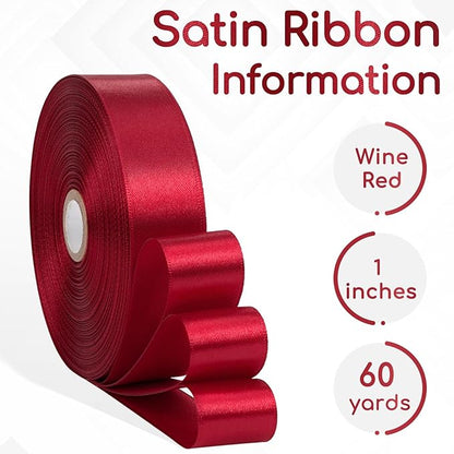 Wine Red Satin Ribbon 1 Inch, 60 Yards Wine Red Ribbon for Hair, Crafts, Graduation Wreaths, Flower Bouquet, Gift Wrapping, Christmas, Halloween