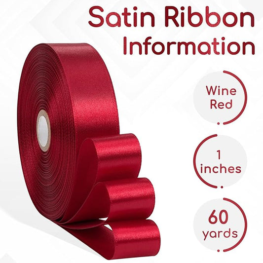 Wine Red Satin Ribbon 1 Inch, 60 Yards Wine Red Ribbon for Hair, Crafts, Graduation Wreaths, Flower Bouquet, Gift Wrapping, Christmas, Halloween