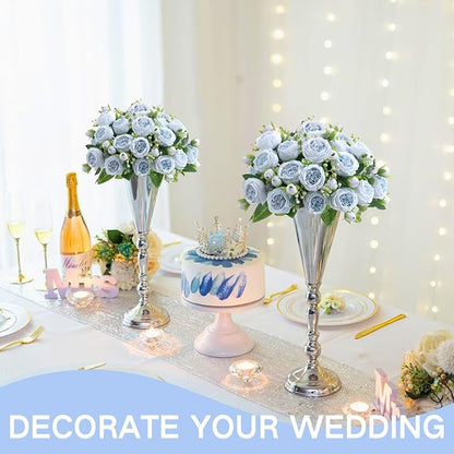 ASTRYAS Blue Artificial Flowers, 3PCS Fake Peony Flower Silk Peonies Faux Flowers Arrangements Table Centerpieces for Wedding Office Party Home Decoration Baby Shower(Light Blue)