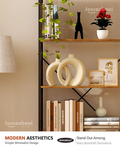 Beige Ceramic Decor Vase Set of 2 - Modern Boho Donut Decorative Vases for Home Entry Way Console Table Decor, Shelf Bookshelf Mantel Decorations, Kitchen Dining Table Centerpiece (Matte Cream White)