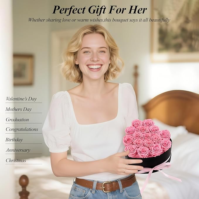 16 Forver Preserved Flowers in a Heart Box, Flowers for Her,Eternal Roses Flowers for Delivery Prime, Flowers Birthday Gifts for Women Mom Grandma Wife - Pink