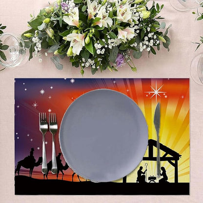 Christian Christmas Placemats Set of 4 Nativity Scene Place Mats Washable Table Dinner Mats Linen Table Mats for Kitchen Dining Party Home Kitchen Decor 12x18 Inch