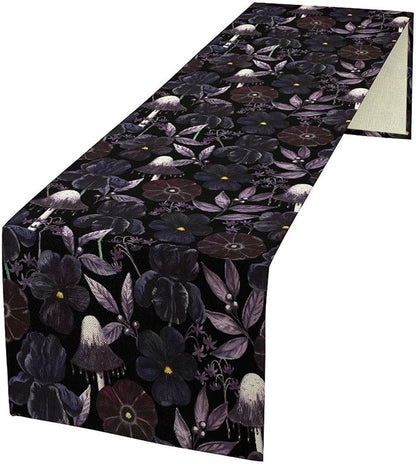 Gothic Floral Table Runner, Watercolor Black Purple Flowers Victorian Luxury Vintage Leaves Plant Table Runner for Home Kitchen Dining Decor Indoor Outdoor Party, 13x90inch