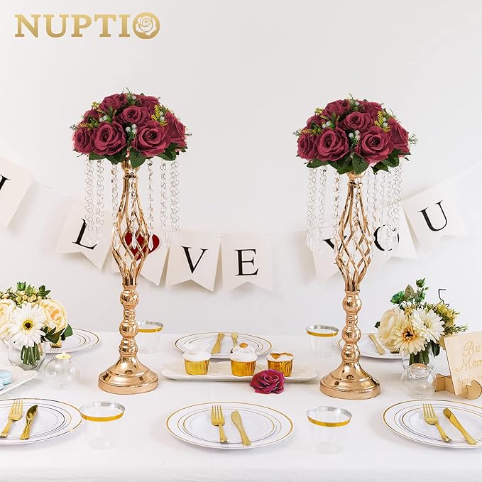 NUPTIO Flower Ball Arrangement Bouquet - 2 Pcs 9.5 inch Diameter Crimson Fake Flowers Roses Balls for Centerpieces Tables - Artificial Rose Arrangements for Wedding Centerpiece Table Decorations
