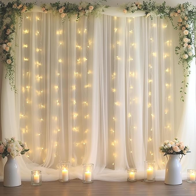 30x10ft White Tulle Backdrop Curtain with Lights String for Parites, Sheer Backdrop Curtains for Wedding Baby Shower Birthday Party Photo Shoot Decorations