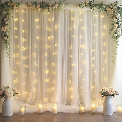 30x10ft White Tulle Backdrop Curtain with Lights String for Parites, Sheer Backdrop Curtains for Wedding Baby Shower Birthday Party Photo Shoot Decorations