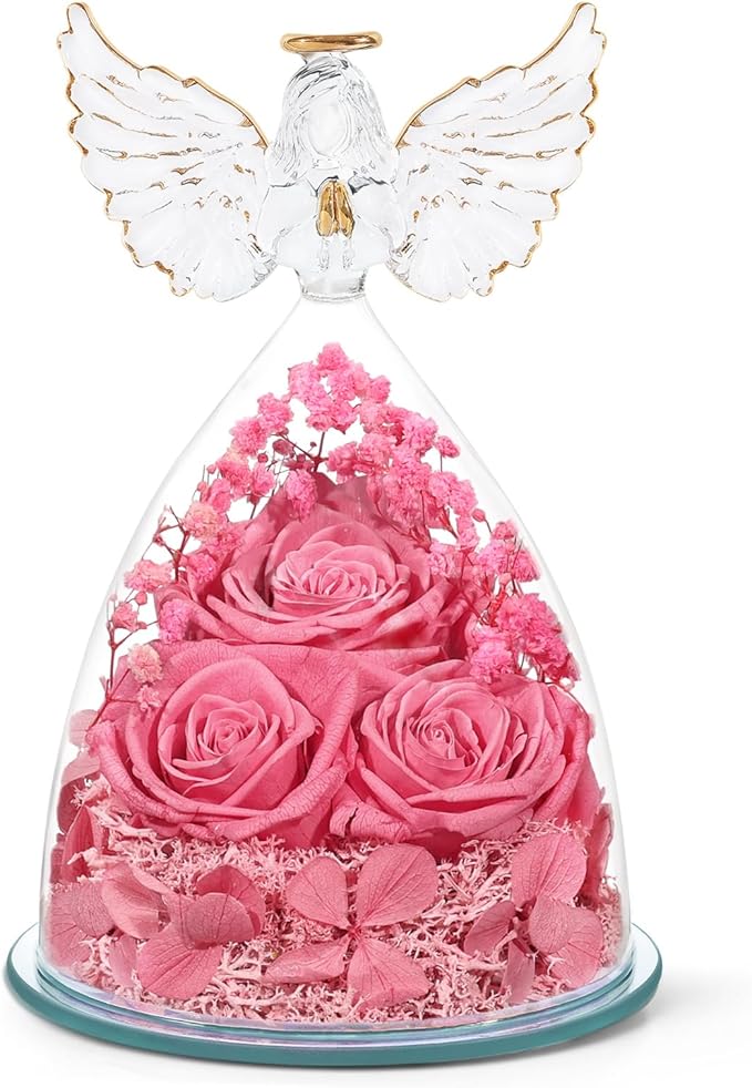 Preserved Flower Rose Gifts for Women, Forever Eternal Fresh Flowers in Glass Angel Figurines Flowers for Delivery Prime Pink Roses for Grandma Mom Sister Her Wife on Mothers Day Birthday Christmas