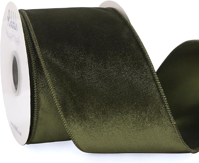 Ribbli Moss Green Velvet Wired Ribbon 4 Inch Velvet with Satin Christmas Ribbon for Gift Wrapping Christmas Tree Decoration Crafts Wreaths Supplies-Continuous 10 Yards