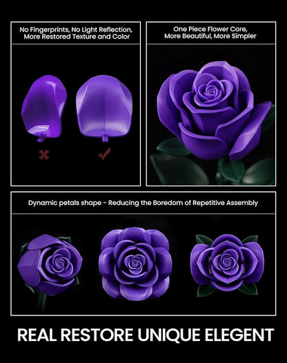 iATOM Purple Rose Bouquet Building Set, Artificial Flowers Botanical Collection for Adults Women, Gift for Christmas and Valentines Day - Gothic Home Office Table Centerpiece Decor - IA11017